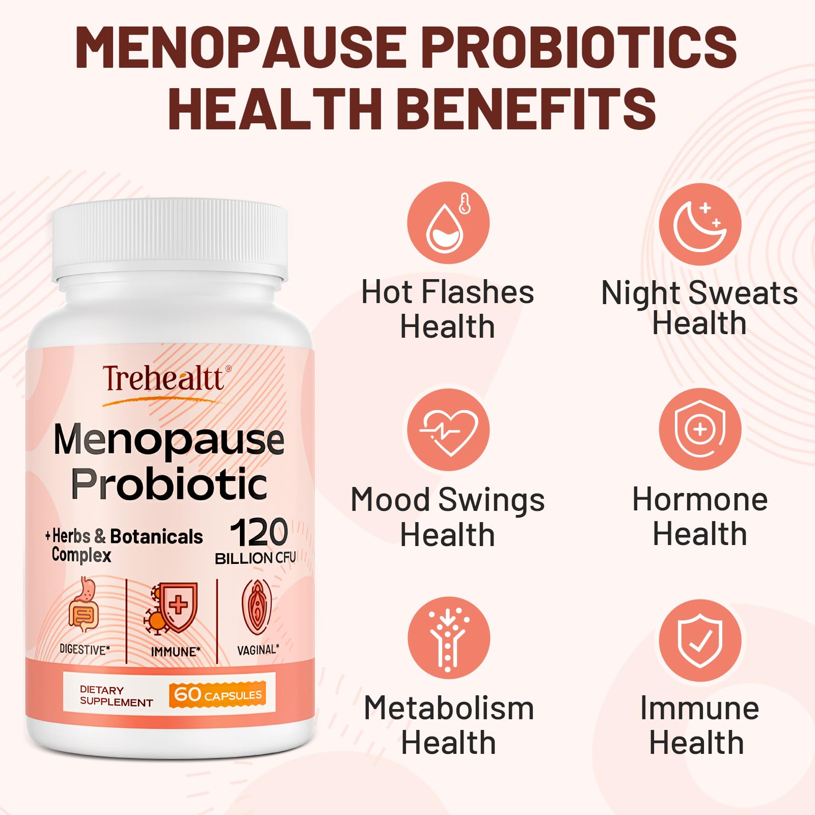 Menopause supplements for women, 120 Billion CFU Probiotic, 13-in-1 Herbs & Botanicals Complex, for Hormone Menopause, Hot Flashes, Night Sweats, Mood Swings, Sleep Disturbances, Vegan, 60 Capsules TrehealttAu supplements
