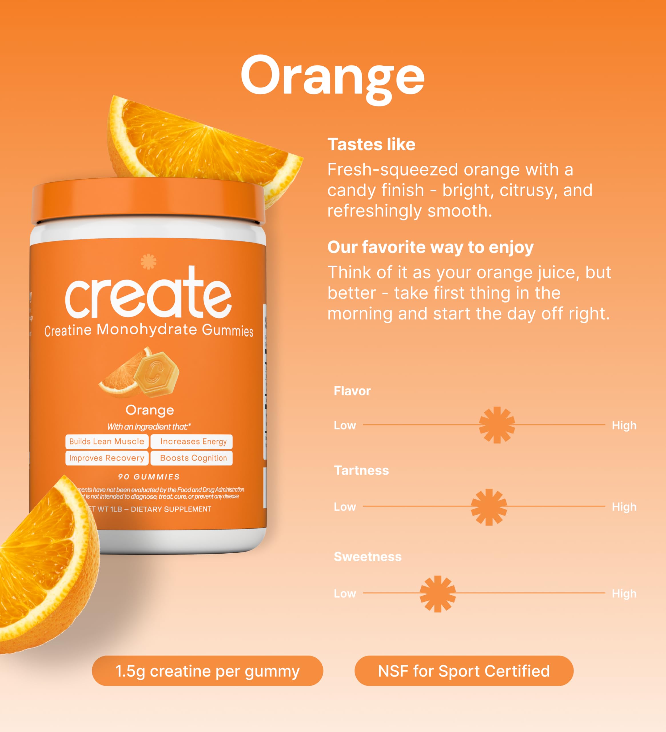 Create Creatine Monohydrate Gummies for Men & Women, Boost Focus, Strength, and Endurance, Anti-Melting Formula, Vegan, Gluten-Free, Non-GMO, 1.5g of Creatine per Gummy (Orange) CreateAu supplements