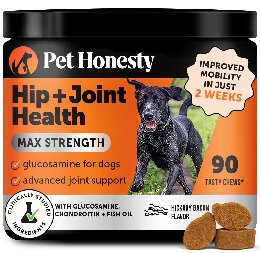 Pet Honesty Hip & Joint Health Max Strength – Dog Joint Support Chews with Glucosamine Chondroitin & Omega-3s – Joint Supplement for Dogs to Support Mobility, Flexibility & Comfort – Bacon (90 ct) Pet HonestyAu supplements