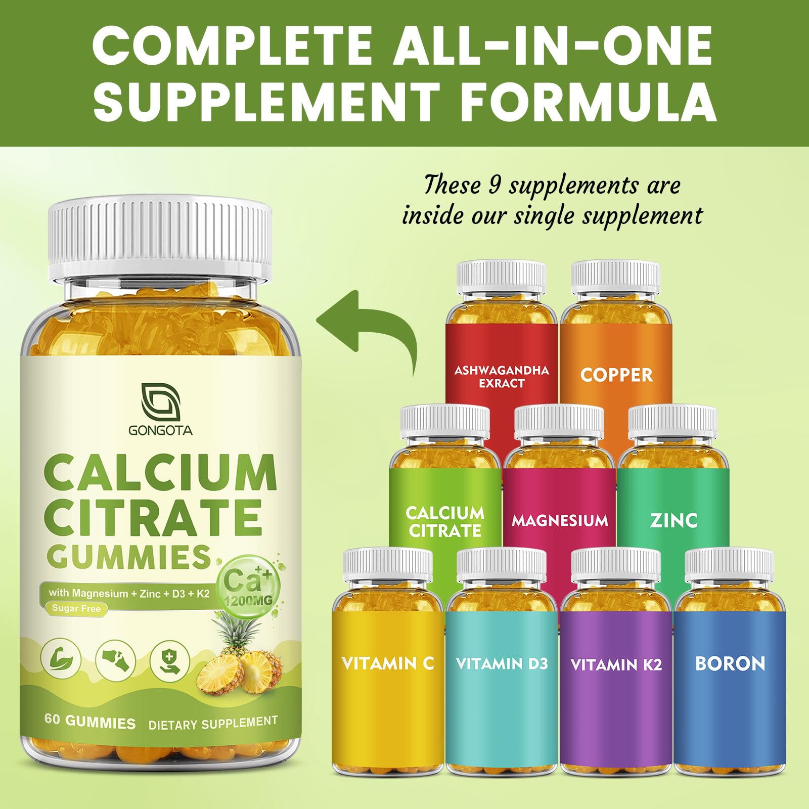 Calcium Citrate Gummies for Women, 1200mg Calcium Citrate Magnesium with Vitamin C D3 K2, Absorption Calcium Supplements for Bone, Muscle, Immune, Sugar Free (120Count) GONGOTAAu supplements