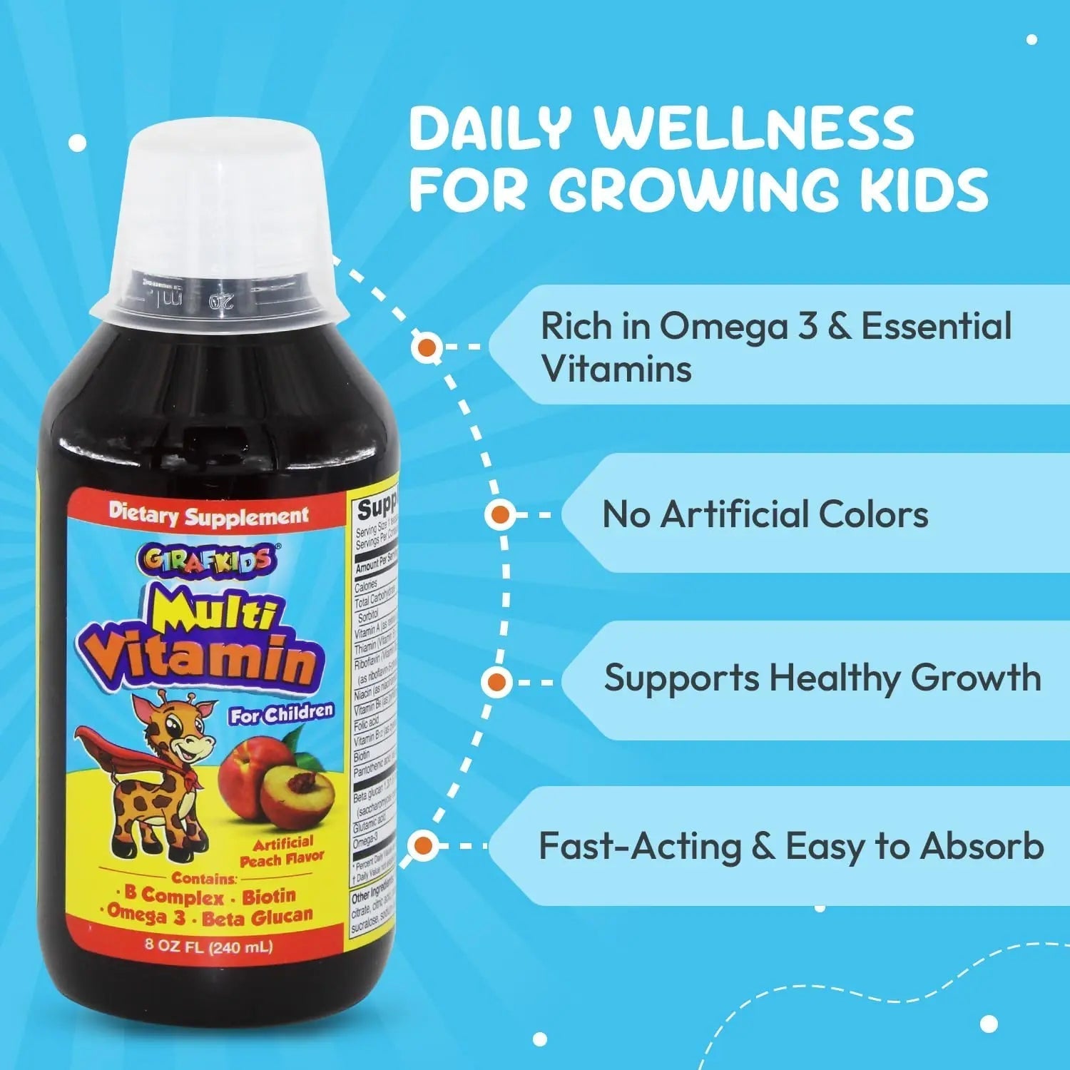 GirafKids Liquid Multivitamin for Kids Ages 4+, 8oz - Daily Child Vitamins with Biotin, Vitamin A, B Complex, Folic Acid, Omega-3 & Beta Glucan PHARMADELAu supplements