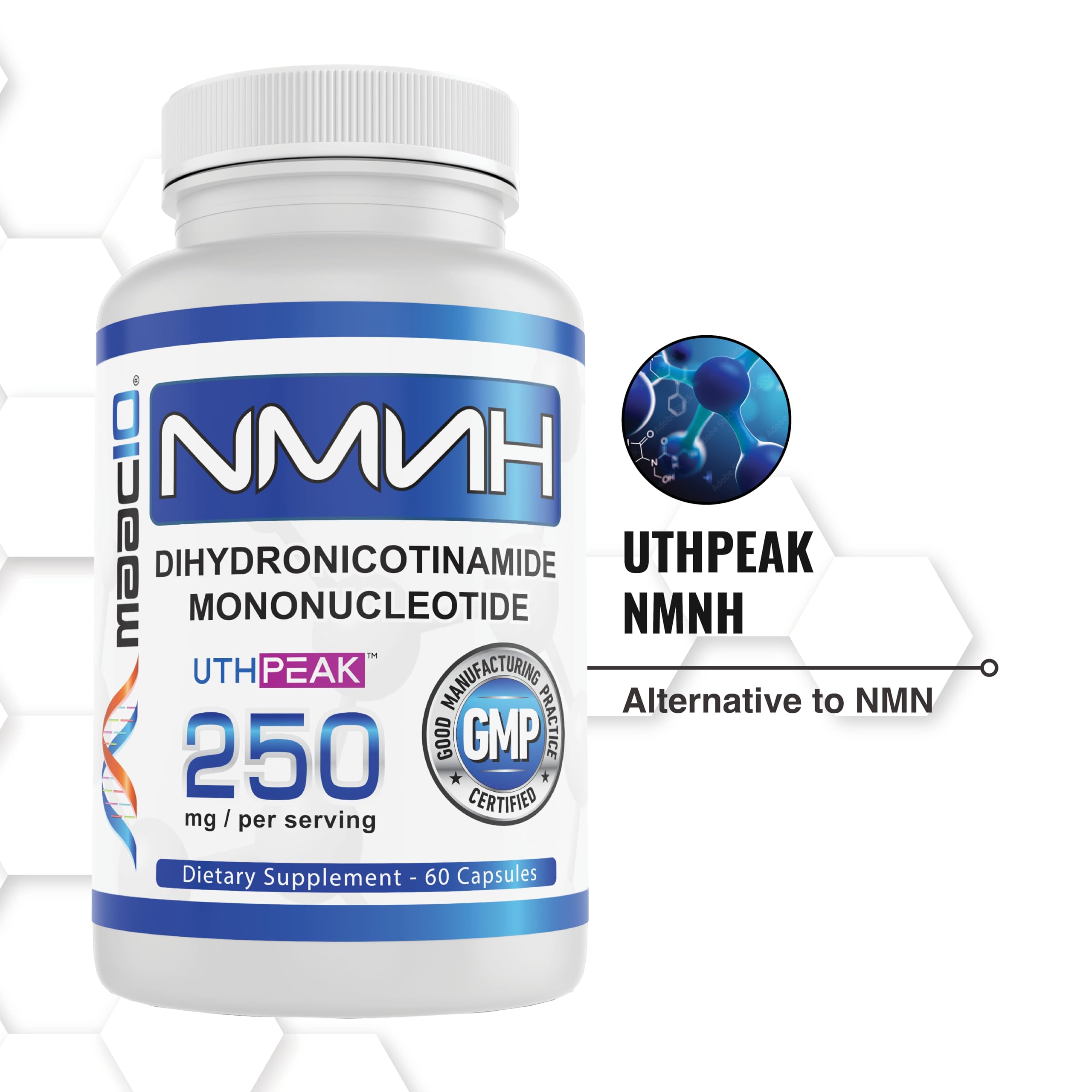 MAAC10 NMNH (NMN Supplement Alternative) 250mg Serving | Uthpeak™ NMNH (Dihydronicotinamide Mononucleotide) for Better Stability | 30-Day Supply. MAAC10Au supplements