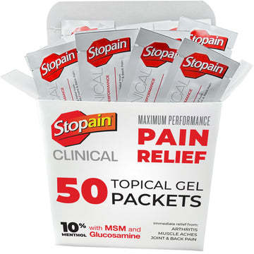 Stopain Pain Relief Clinical Gel Packets, 50 Pack, Made in USA, Maximum Performance Pain Relief with 10% Menthol Plus Glucosamine for Muscle Aches, Joint Pain, and Arthritis StopainAu supplements