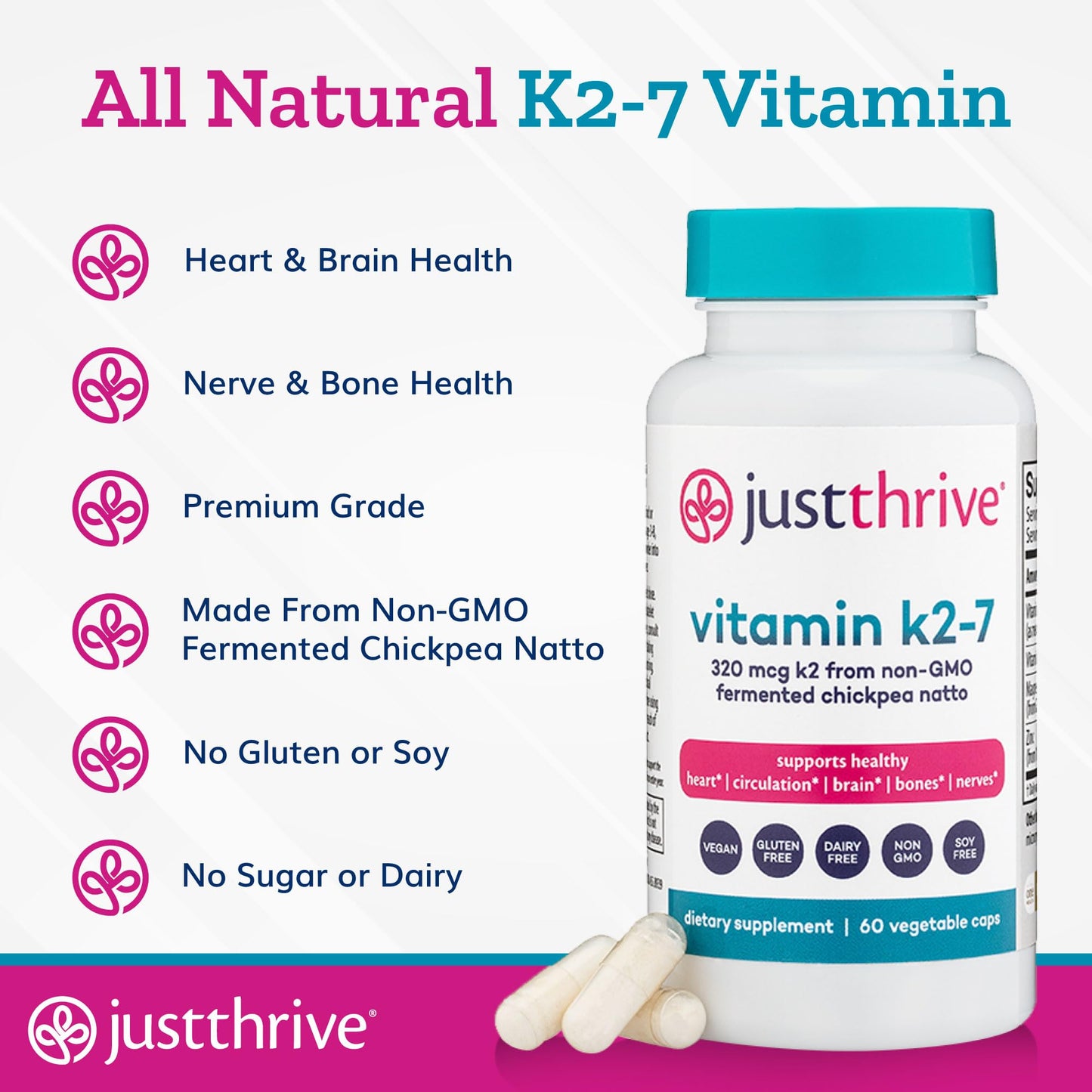 Just Thrive Vitamin K2-7 - Bone, Brain, and Heart Health K2 Vitamin Supplement, 60 Capsules Just ThriveUS supplements