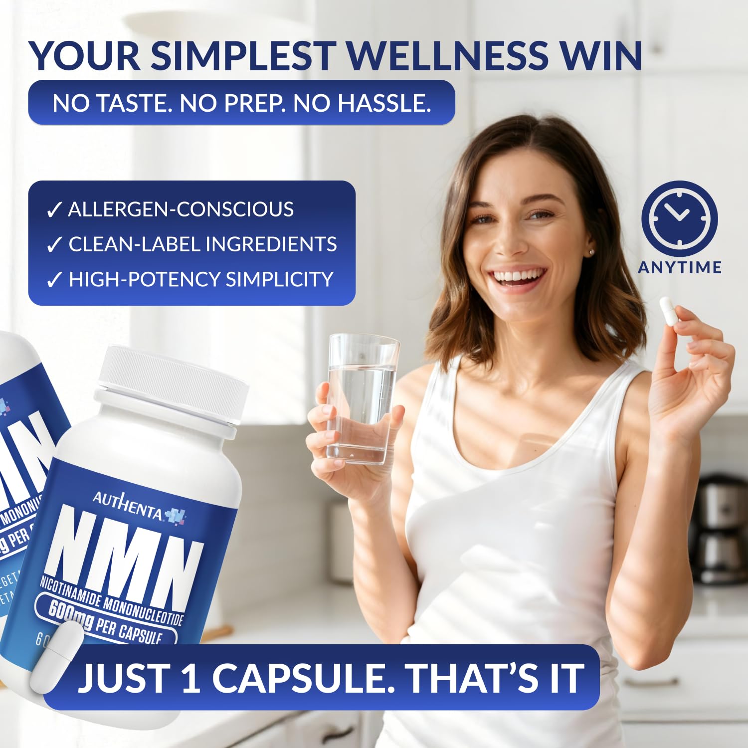 NMN Supplement 600 mg/Capsule Once Daily | 99% Pure Beta Nicotinamide Mononucleotide | Potent NAD⁺ Precursor | Supports Cellular Energy & Metabolism | Vegan, Non-GMO, Third-Party Tested & Gluten-Free AUTHENTAAu supplements
