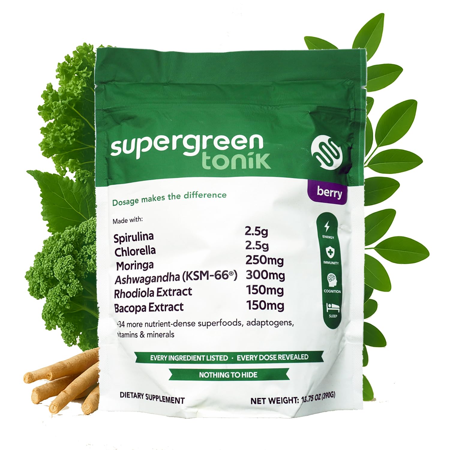 SUPERGREEN TONIK 100% Natural Greens Superfood Powder – Daily Supplement with 40 Superfoods, Vitamins and Minerals – Supports Energy, Stress and Immunity – 30 Days 360 Grams Berry Flavor (1 Bag) SUPERGREEN TONIKAu supplements