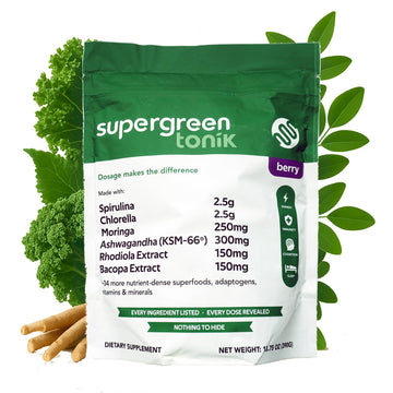 SUPERGREEN TONIK 100% Natural Greens Superfood Powder – Daily Supplement with 40 Superfoods, Vitamins and Minerals – Supports Energy, Stress and Immunity – 30 Days 360 Grams Berry Flavor (1 Bag) SUPERGREEN TONIKAu supplements