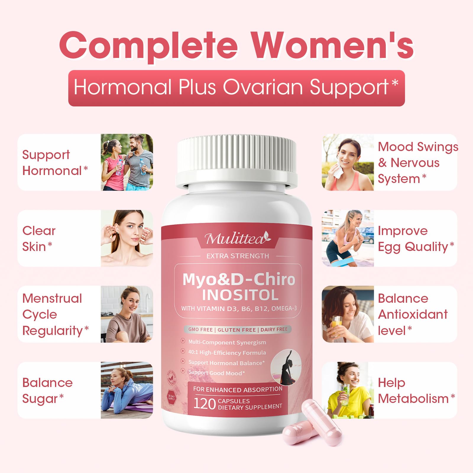 Mulittea Myo-Inositol & D-Chiro Supplement for Women - 14-in-1 Liposomal Inositol with Folic Acid,Omega-3 & Multivitamin for Hormone Balance,Support Ovarian,Skin & Mood- 40:1 Vegan 120 Capsules MulitteaAu supplements