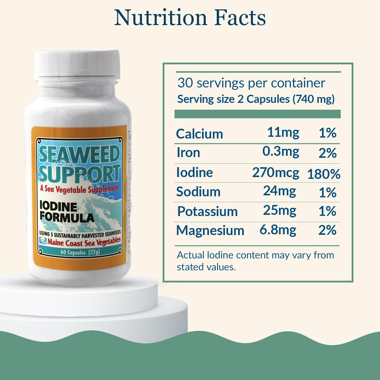 Maine Coast Sea Vegetables Seaweed Support Iodine Formula | Source of Iodine from Seaweed | Daily Use Iodine Supplement | Organic Alaria, Rockweed, Sea Lettuce, Dulse & Bladderwrack blend | 60 Capsule Maine Coast Sea VegetablesAu supplements