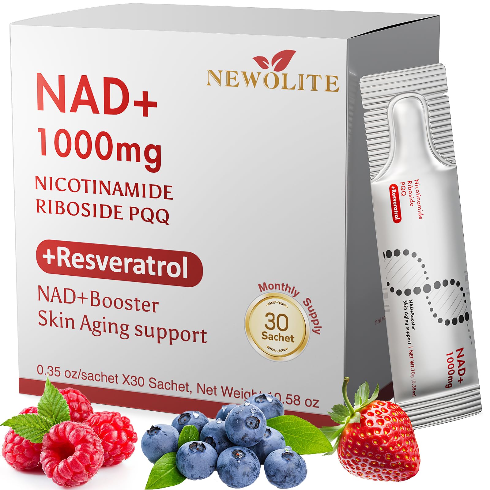 NAD+ Liquid Supplement 1000mg 30 Sachet, Nicotinamide Riboside & Resveratrol with PQQ DNA Repair Advanced NAD Supplement for Men & Women,Boosts Cellular Energy NEWOLITEAu supplements