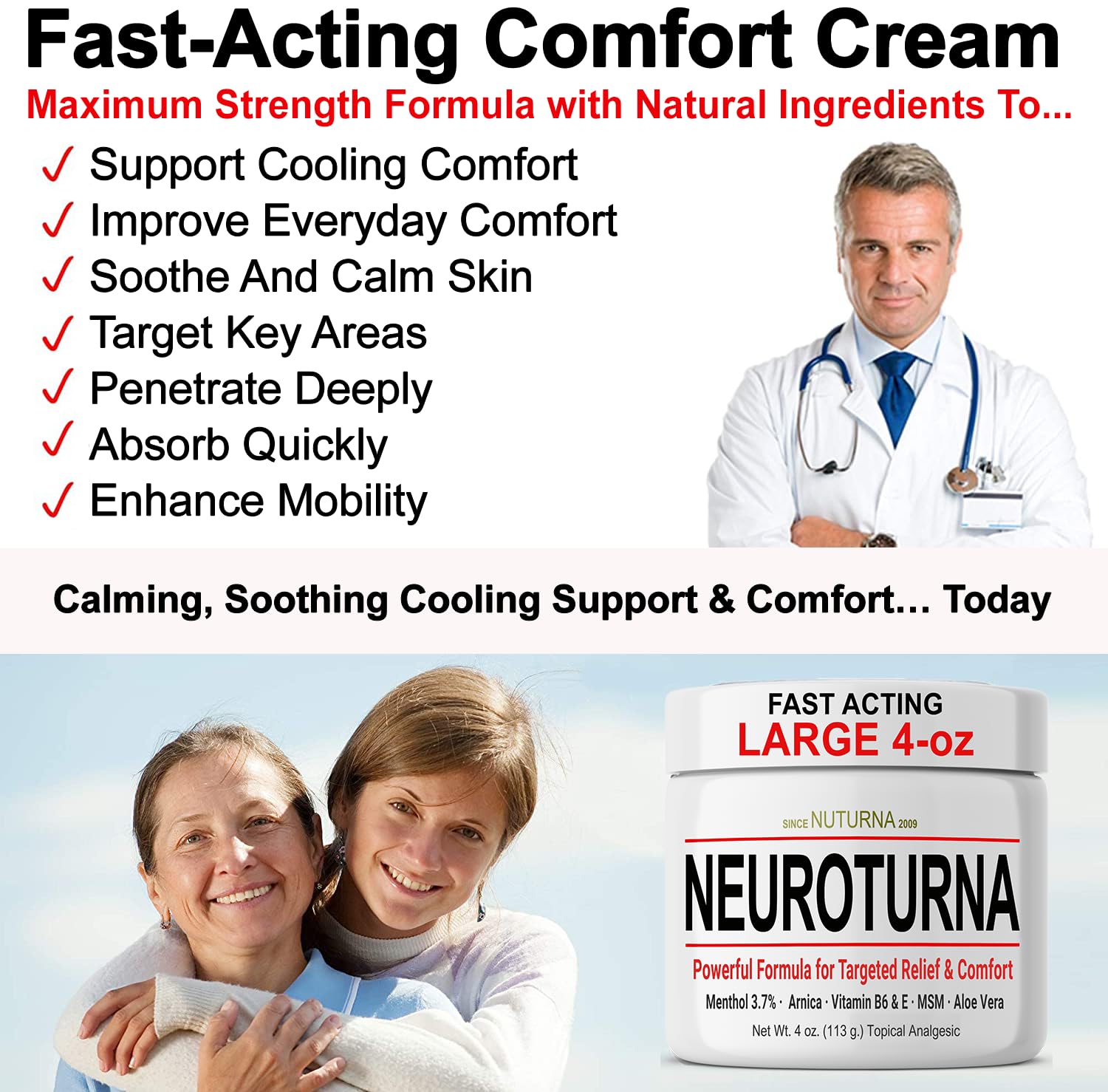 Nuturna Nerve Cream - Fast Acting Comfort for Feet, Hands, Legs & Toes - Ultra Strength Menthol, Arnica, Aloe Vera, MSM - Cooling Soothing Comfort - Non-Greasy, Paraben-Free - 4 oz NuturnaAu supplements