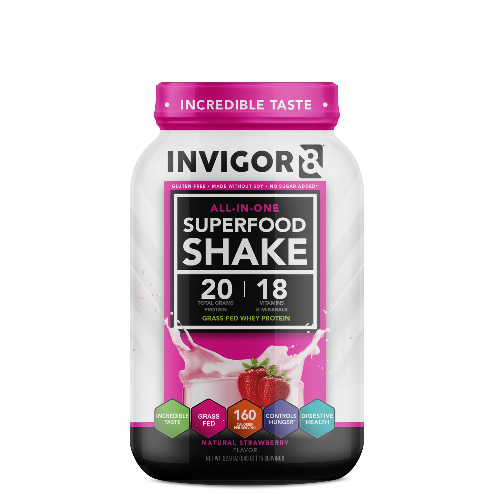 INVIGOR8 Superfood Grass Fed Whey Protein Isolate Shake Natural Strawberry Gluten-Free INVIGOR8US supplements
