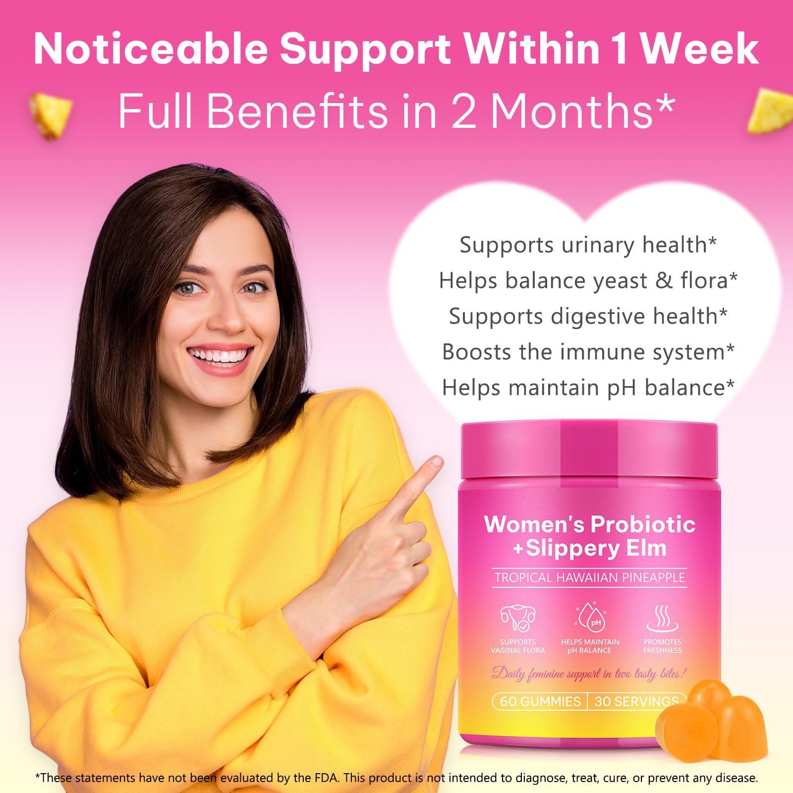 WeiWeiLa Feminine Probiotics Gummies for Women Probiotic Gummies with Slippery Elm | Natural Pineapple Flavor | Supports Feminine pH Balance & Comfort | 60 Vegan Gummie for Daily Wellness WeiWeiLaAu supplements
