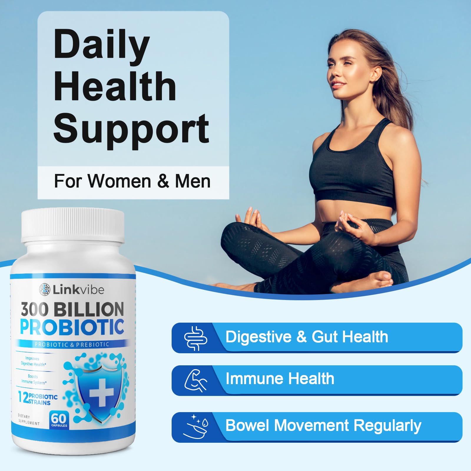Probiotic 300 Billion CFU - 12 Strains with Organic Prebiotics for Digestive & Gut, Immune, Bloating Health - Probiotics for Women and Men - Daily Dairy Free, Shelf Stable - 60 Counts LinkvibeAu supplements