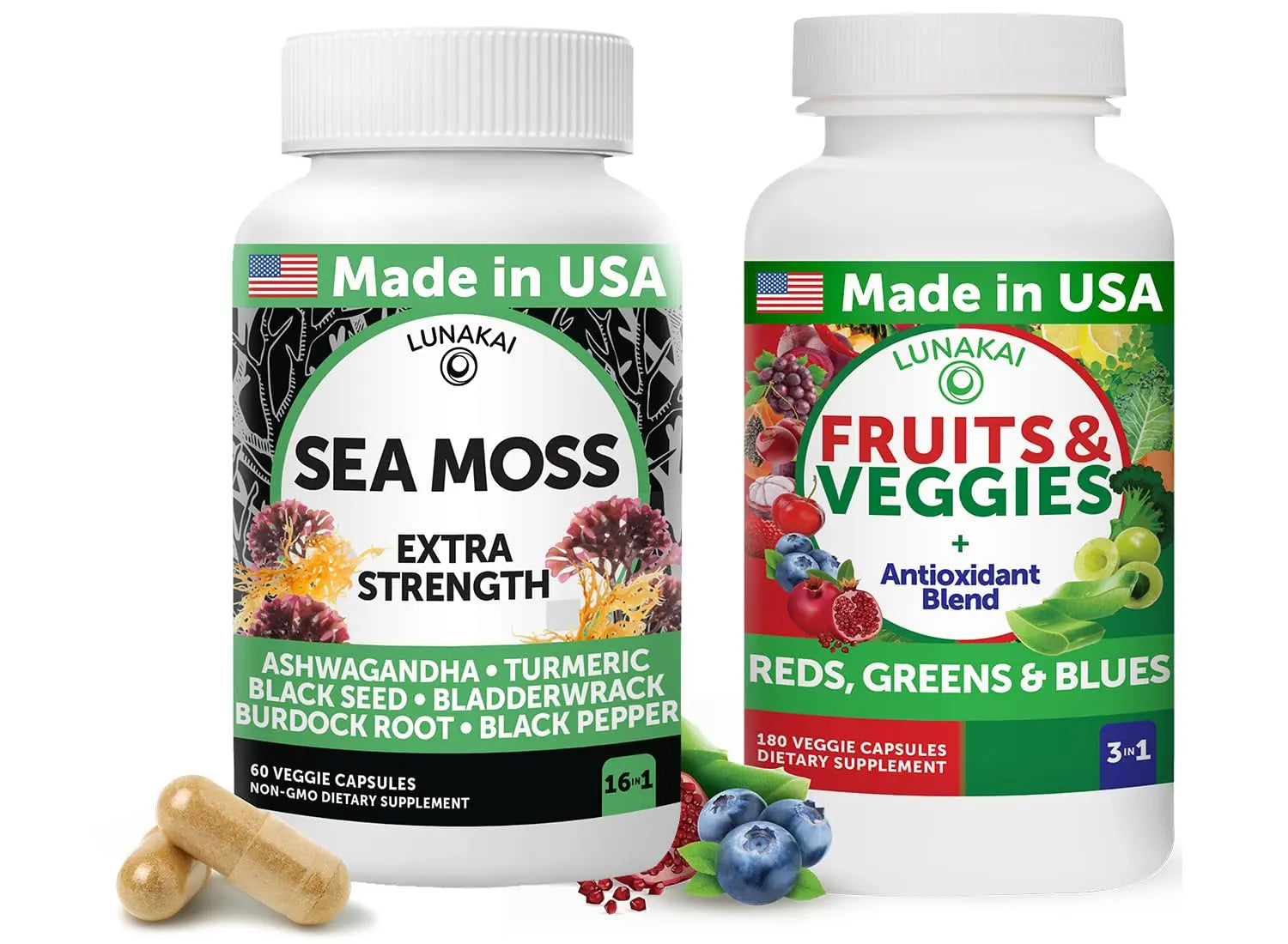 Lunakai USA Made Superfood Fruits & Veggies Supplement & Irish Sea Moss Bundle with 4 Blends, Black Seed Oil & Ashwagandha for Immune & Wellness Support LunakaiAu supplements