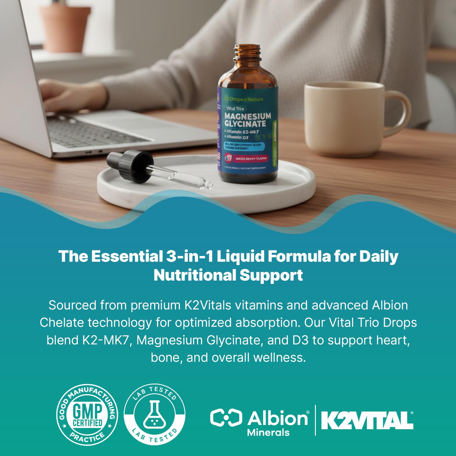 Magnesium Glycinate, Vitamin K2 & D3 Supplement – GMO-Free – VIT D MK7 K2 Vitamin Supplement & Magnesium Blend – with Nutrients for Bone Nutrition & Cardiovascular Function (Mixed Berry, 60 mL) Drops Of NatureAu supplements