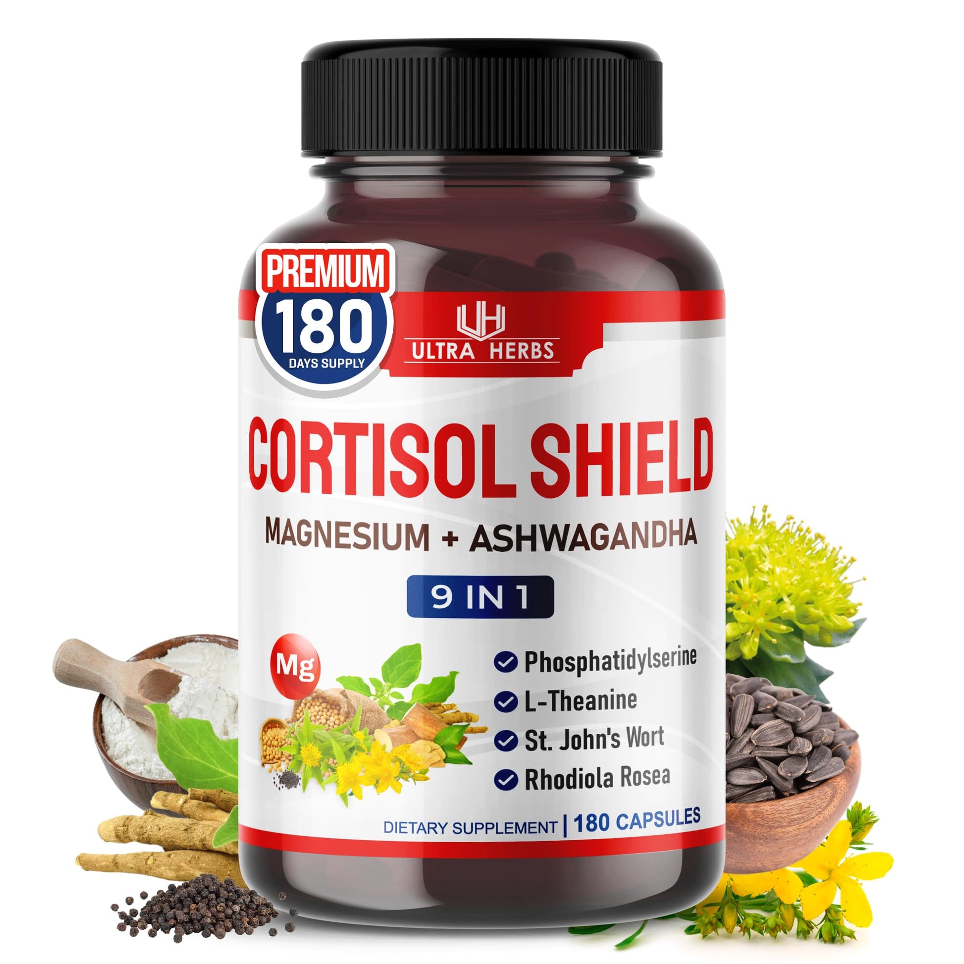 CORTISOL Shield 9-in-1 -Magnesium + Ashwagandha with Phosphatidylserine, L-Theanine, St. John's Wort, Rhodiola Rosea - Relaxation Support, Hormone Balance (180 Count (Pack of 1)) ULTRA HERBSAu supplements