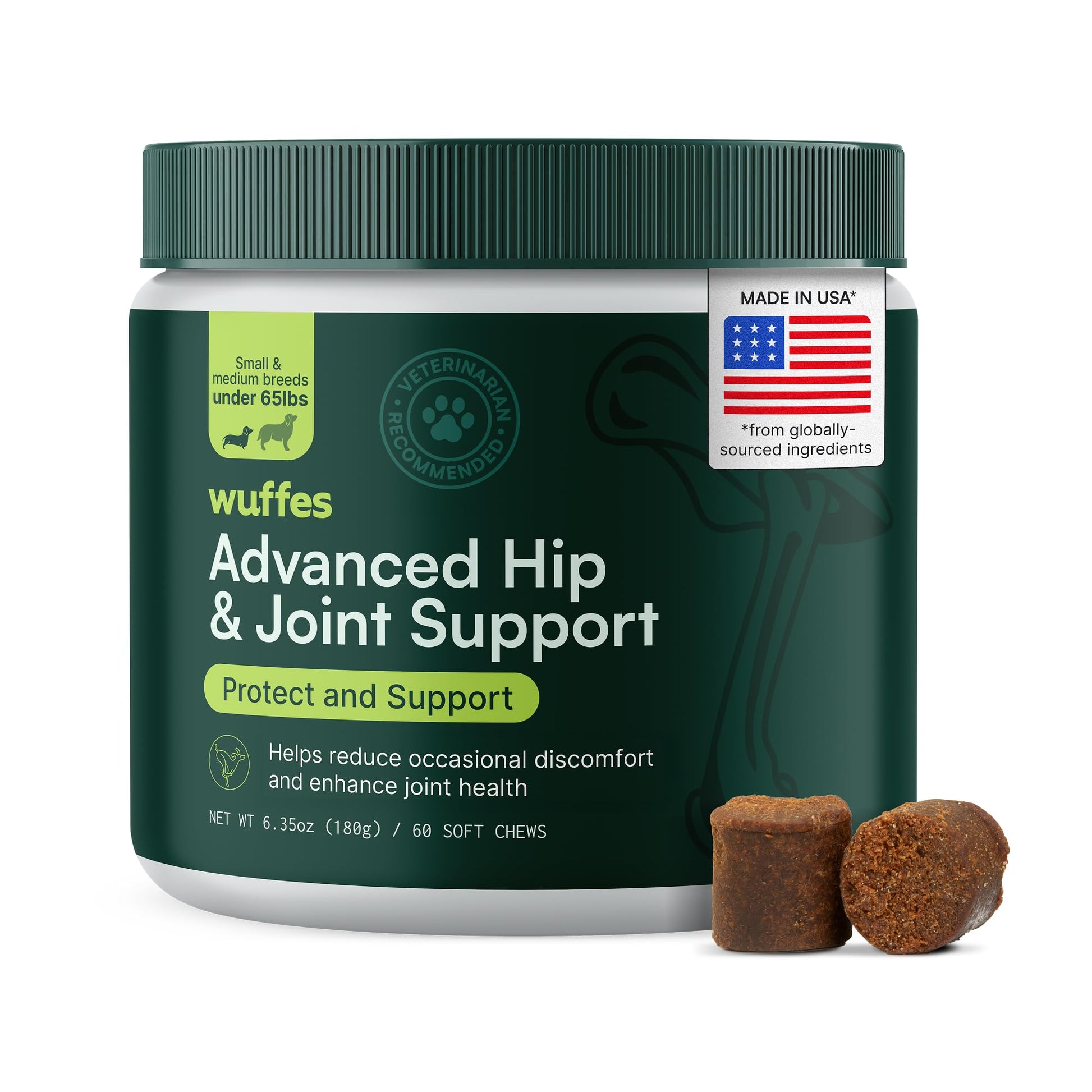 Wuffes Advanced Dog Hip and Joint Supplement with Glucosamine, Chondroitin, Omega 3, MSM, and Green Lipped Mussel, 60 Pork Flavored Chews for Small and Medium Dog Breeds WuffesAu supplements