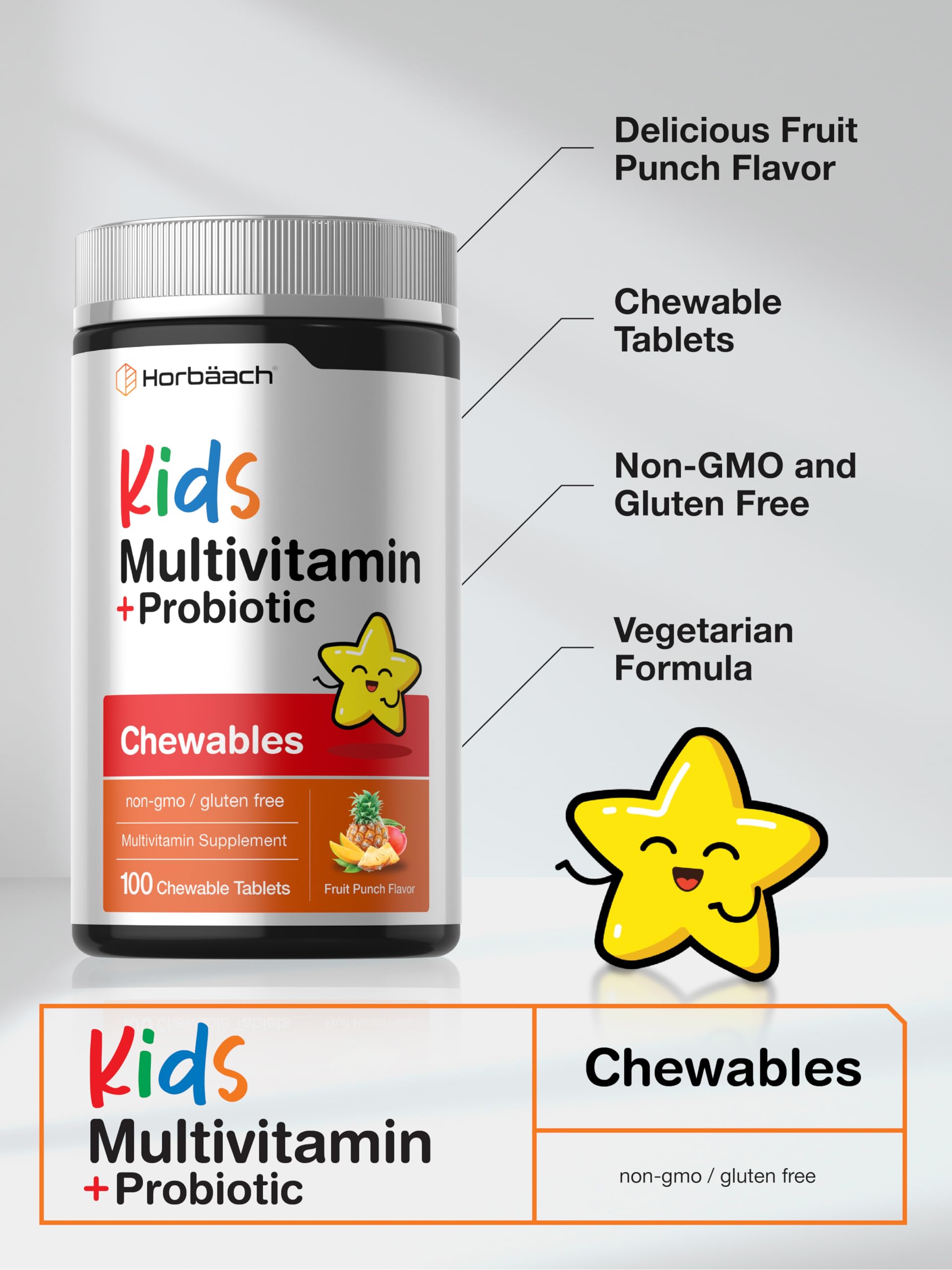 Horbäach Kids Multivitamin with Probiotics | 100 Chewable Tablets | Fruit Punch Flavor | Vegetarian, Non-GMO, Gluten Free Children's Supplement HorbäachAu supplements