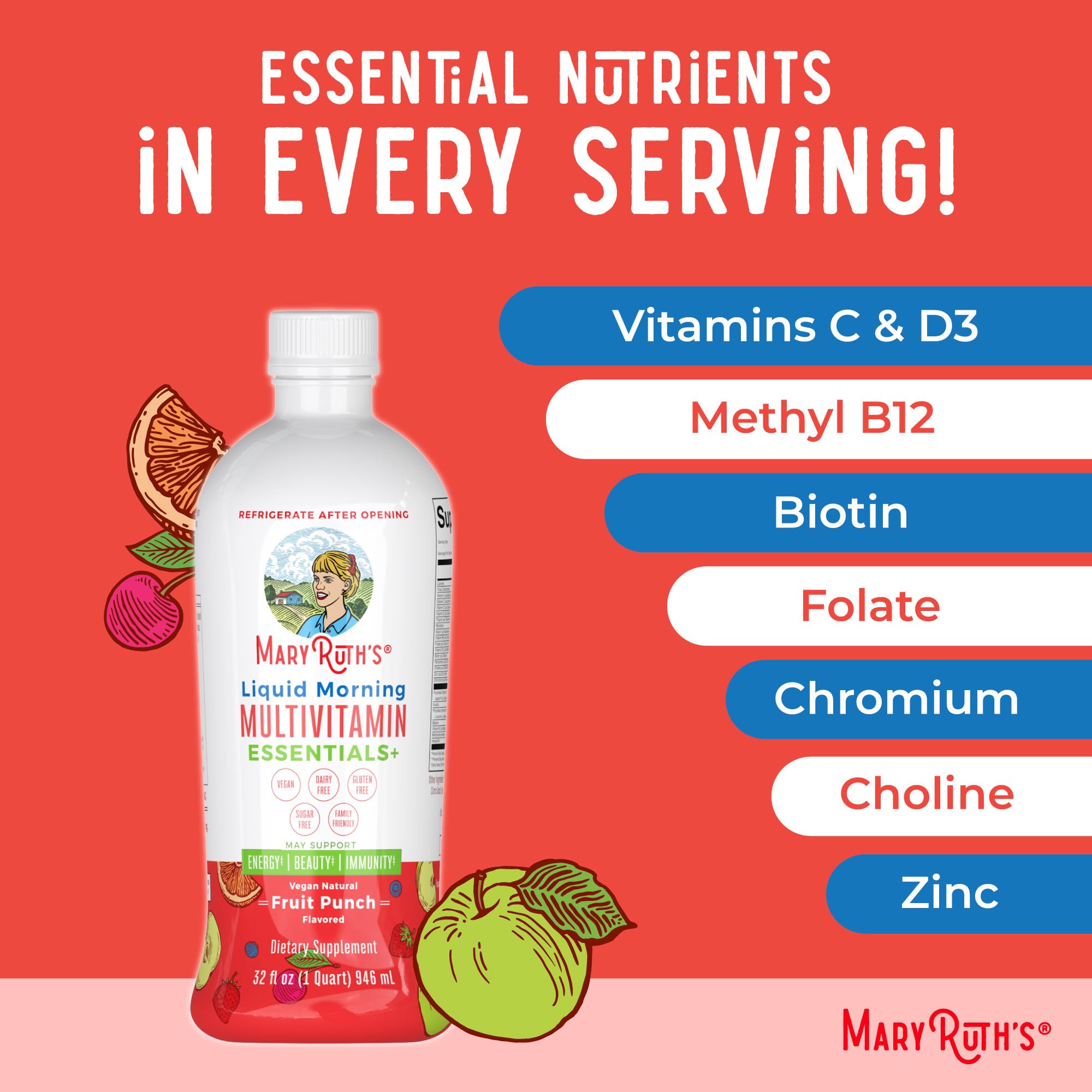 MaryRuth Organics Liquid Morning Multivitamin Essentials+ | Vitamin A C D E B6 B12 Biotin Zinc, Mens Womens Multivitamin, Immune Support, Beauty | Sugar Free | Vitamins for Ages 1+ | Vegan | 32 Fl Oz MARYRUTH'SUS supplements