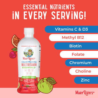 MaryRuth Organics Liquid Morning Multivitamin Essentials+ | Vitamin A C D E B6 B12 Biotin Zinc, Mens Womens Multivitamin, Immune Support, Beauty | Sugar Free | Vitamins for Ages 1+ | Vegan | 32 Fl Oz MARYRUTH'SUS supplements