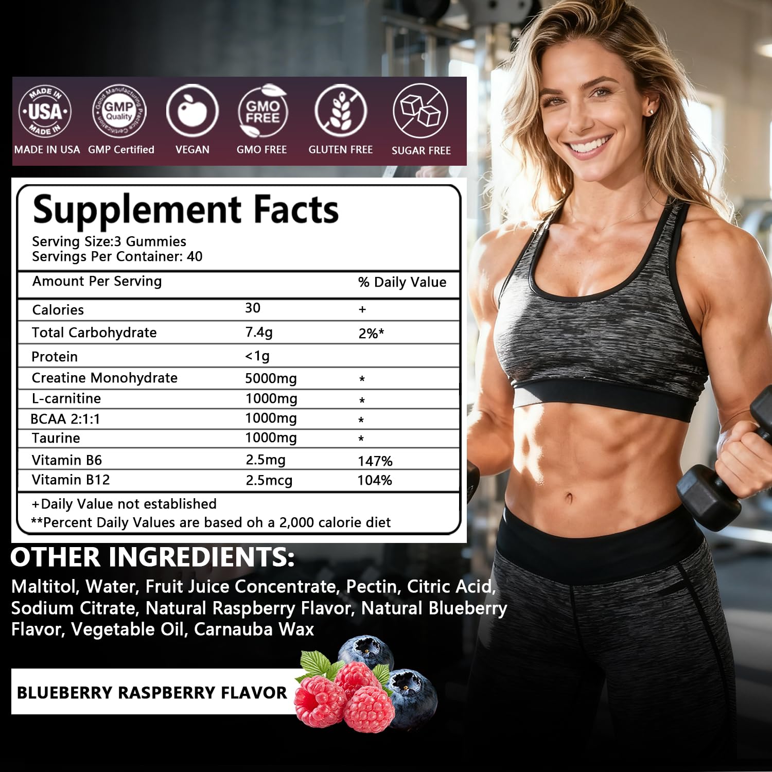 Crasye Creatine Gummies Complex 8000mg for Men and Women Creatine Monohydrate Gummy with BCAA Taurine for Muscle Strength and Energy Boost Sugar CrasyeUS supplements