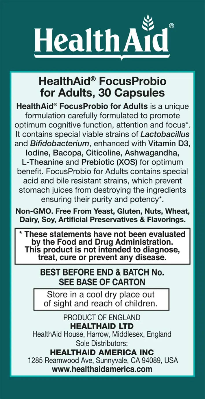 FocusProbio for Adults – 10 Billion CFU Probiotic with Prebiotic, Bacopa, Citicoline, L‑Theanine, Ashwagandha & Vitamin D₃ | Supports Focus, Mood & Gut-Brain Balance – Vegetarian, Once Daily HealthAidnz supplements