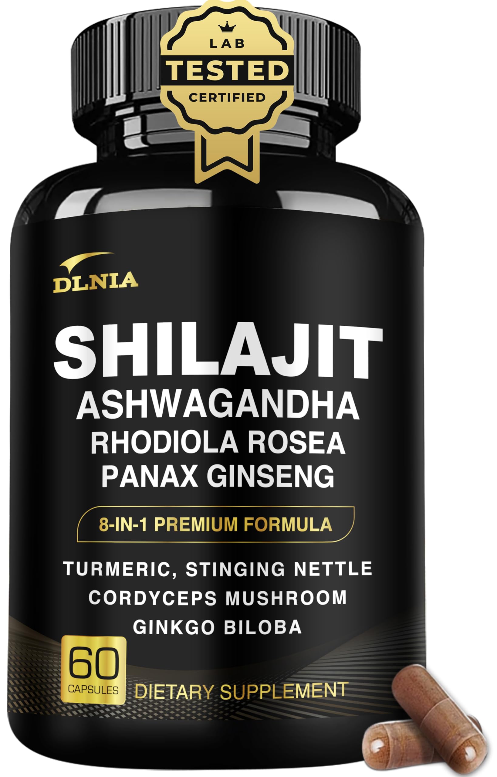 DLNIA 8-in-1 Shilajit for Men & Women with Ashwaganda Himalayan Organic Supplement with Rhodiola Rosea, Ginseng, Turmeric, Mushroom, for Immune Support, Energy, Calm, Focus, Clarity, Sleep, Cortisol DLNIAAu supplements
