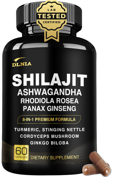 DLNIA 8-in-1 Shilajit for Men & Women with Ashwaganda Himalayan Organic Supplement with Rhodiola Rosea, Ginseng, Turmeric, Mushroom, for Immune Support, Energy, Calm, Focus, Clarity, Sleep, Cortisol DLNIAAu supplements