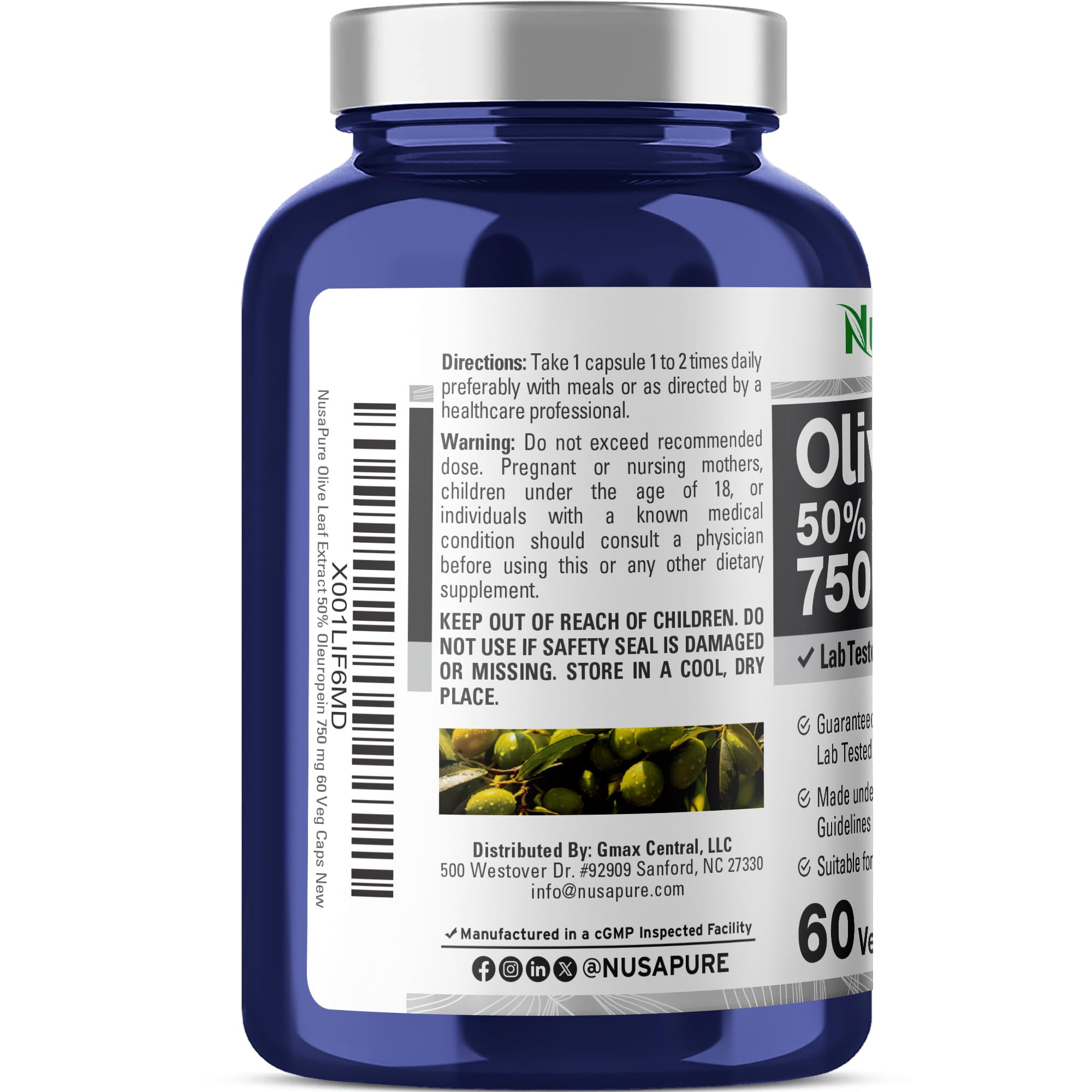 NusaPure Olive Leaf Extract 750 mg - 50% Oleuropein - Vegan and Vegetarian Non-GMO - Super Strength - No Oil - 60 Capsules NusaPureAu supplements