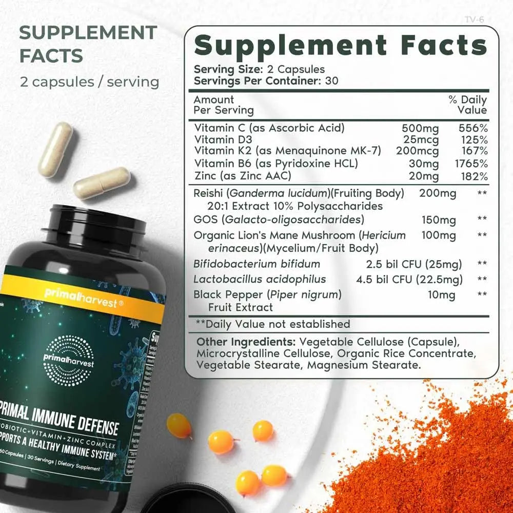 Primal Harvest Immune Defense 10-in-1 Supplement with Probiotics, Zinc, and Vitamins C, D3, K2, B6 Daily Immune Support for Adults Primal HarvestAu supplements