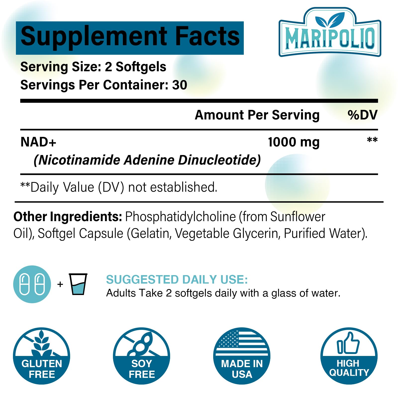 Maripolio Liposomal NAD+ 1000 mg Supplement | High Bioavailability Liposomal Delivery | Cellular Energy & Wellness Support | Pure NAD+ Dietary Supplement for Men,Women, 60 Softgels MaripolioAu supplements