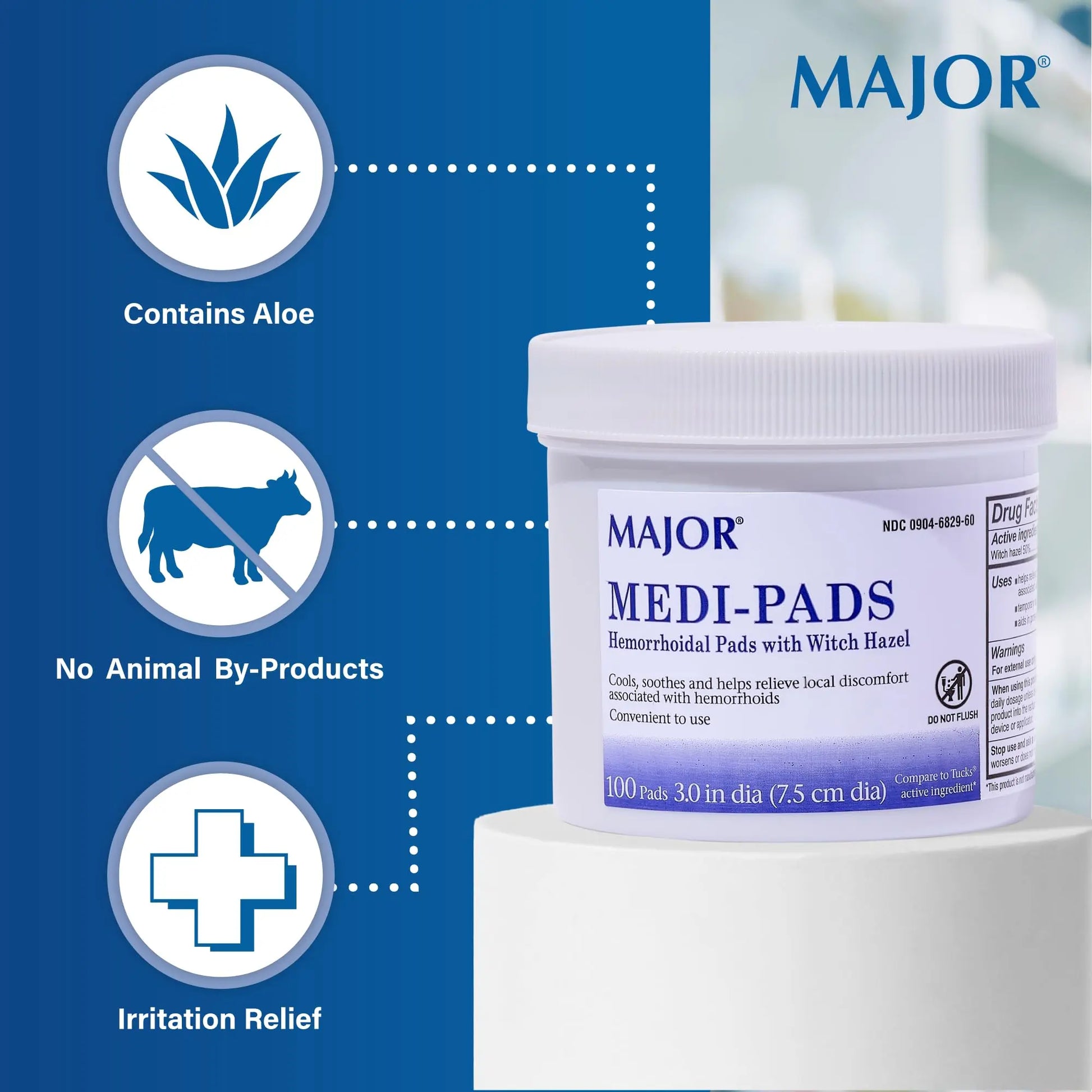 MAJOR Medi-Pads - Hemorrhoidal Hygienic Cleansing Witch Hazel Pads - Cooling Relief with Aloe - 100 Count Jar (3 Pack) MAJORAu supplements