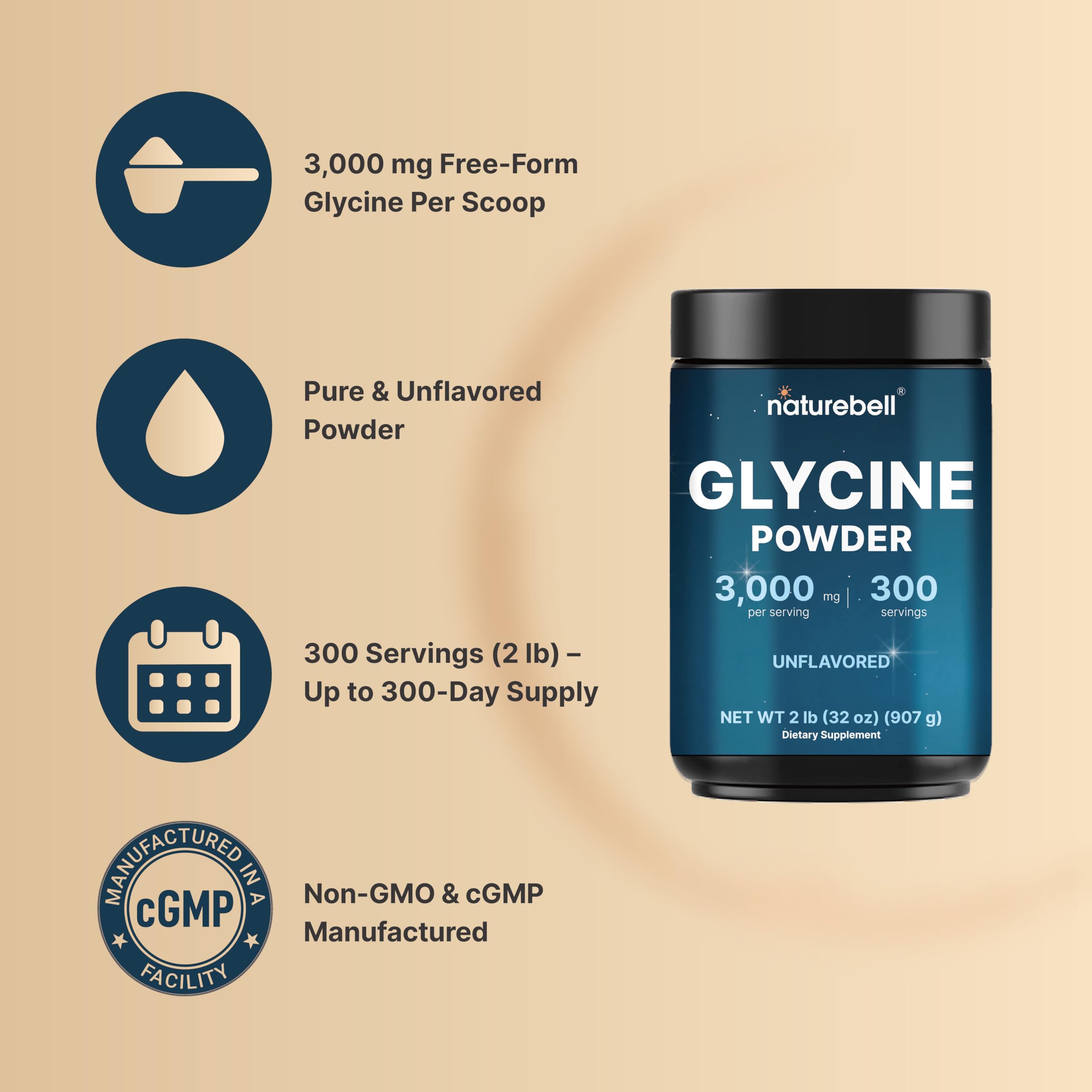Glycine Powder, 300 Servings (2 lb) – 3,000 mg Free-Form Glycine Per Serving – Unflavored Pure Powder – Non-GMO, cGMP Manufactured NatureBellAu supplements
