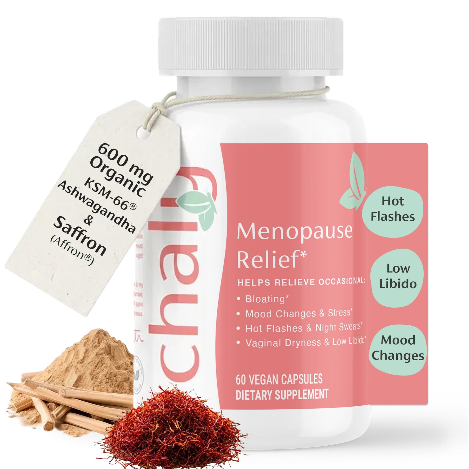 Chaly Menopause Supplements for Women with Ashwagandha KSM 66 and Saffron | Hot Flash, Bloating, Libido, Vaginal Dryness, Stress, and Mood Support Supplement | Menopause Relief Supplements | 60 Count ChalyAu supplements