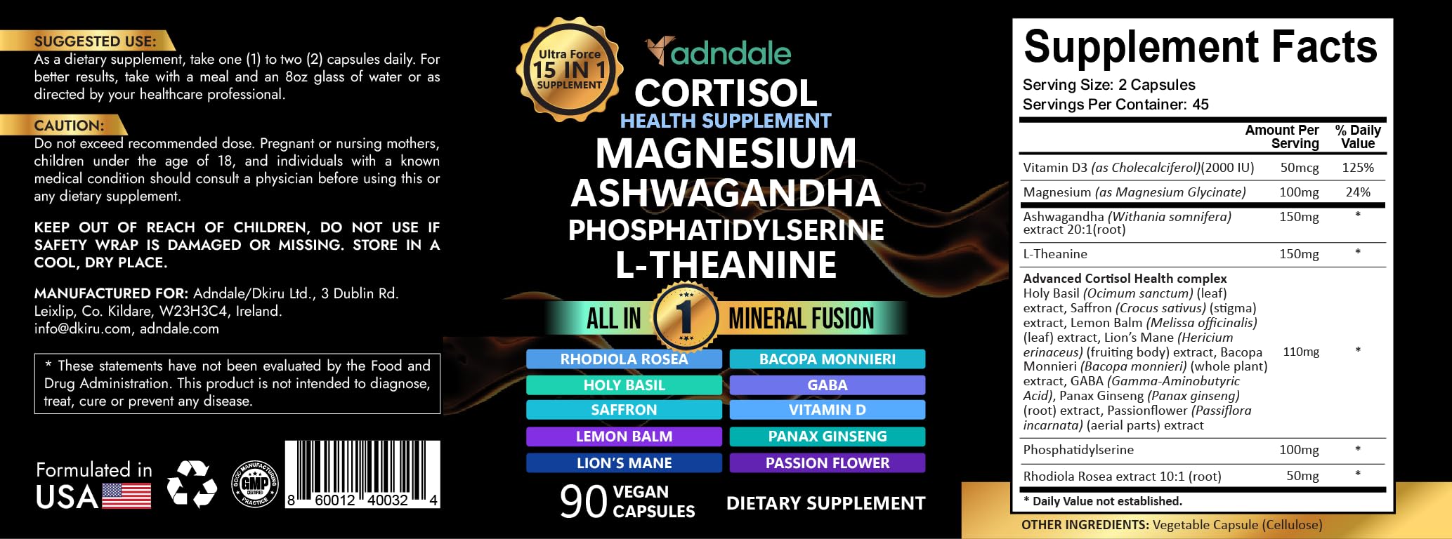 Adndale Cortisol Supplements for Women. Cortisol Reducer 14-in-1 Ashwagandha Supplement with Magnesium Glycinate, L-Theanine & More. 90 Capsules. AdndaleAu supplements