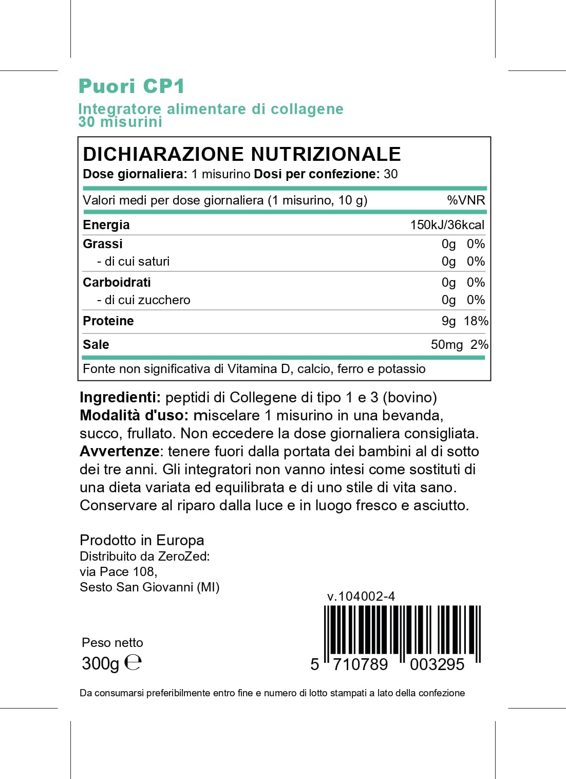 Puori CP1 Pure Collagen Hydrolysed Peptides 300g (30 Servings) PuoriAu supplements