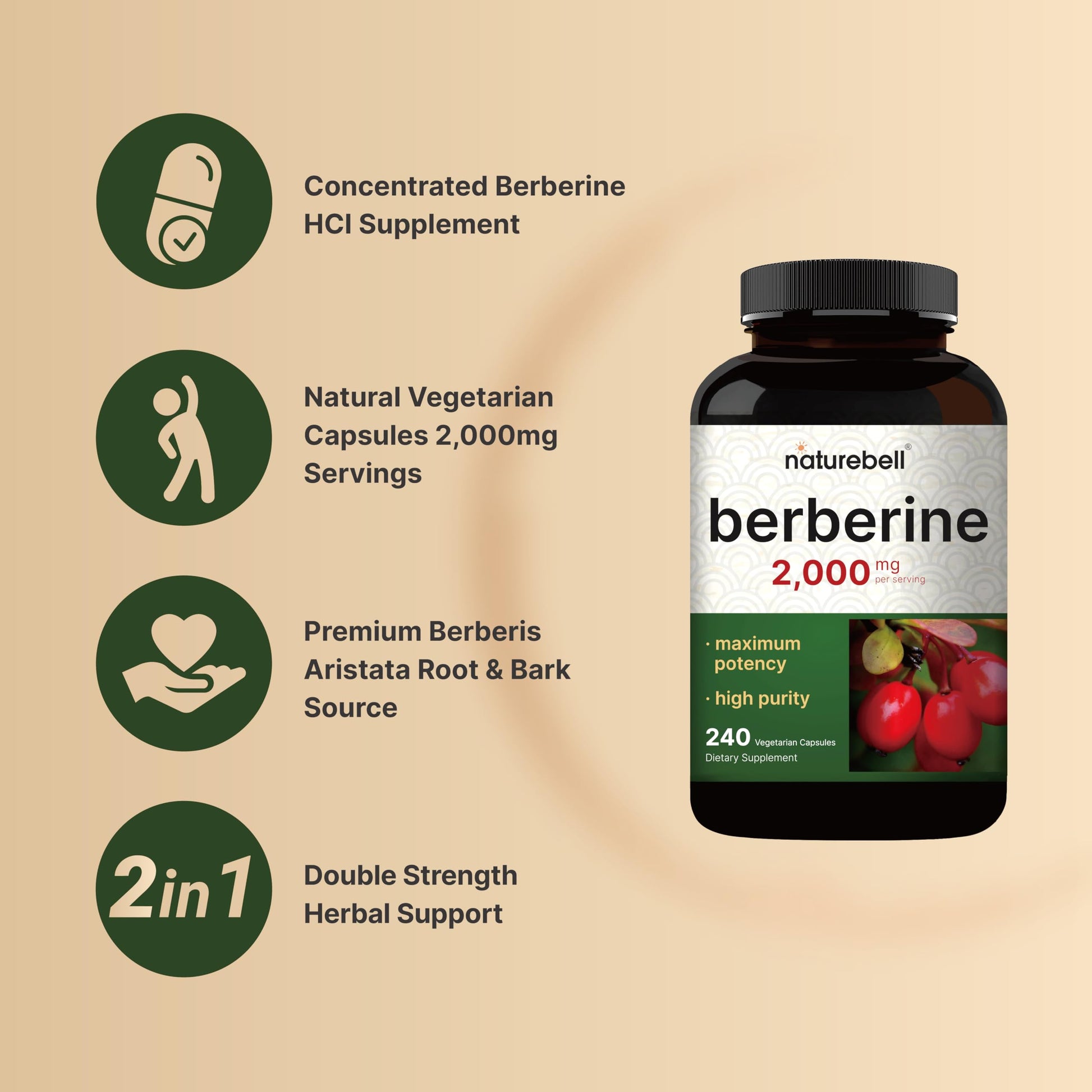 Berberine Supplement 500mg Per Capsule (2,000mg Per Serving) | 240 Veggie Capsules, 97% Pure Berberine HCL – Plant Based, Vegan, Non-GMO NatureBellUS supplements