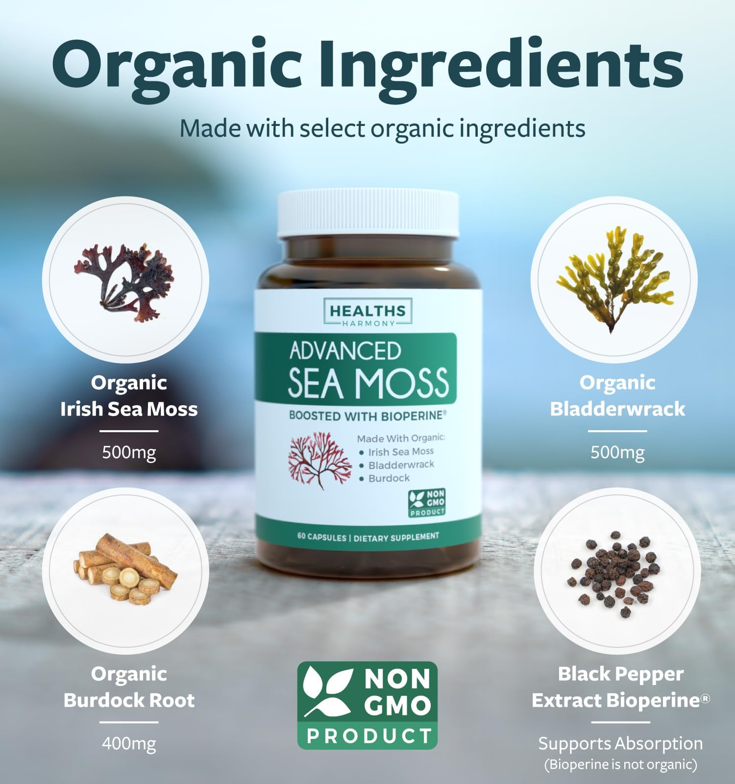 Organic Irish Sea Moss Capsules - Organic Sea Moss Capsules with Bladderwrack Burdock Root and Black Pepper Extract for Enhanced Absorption - Vegan Non-GMO & Made in the USA (1 Month Supply) Healths HarmonyAu supplements