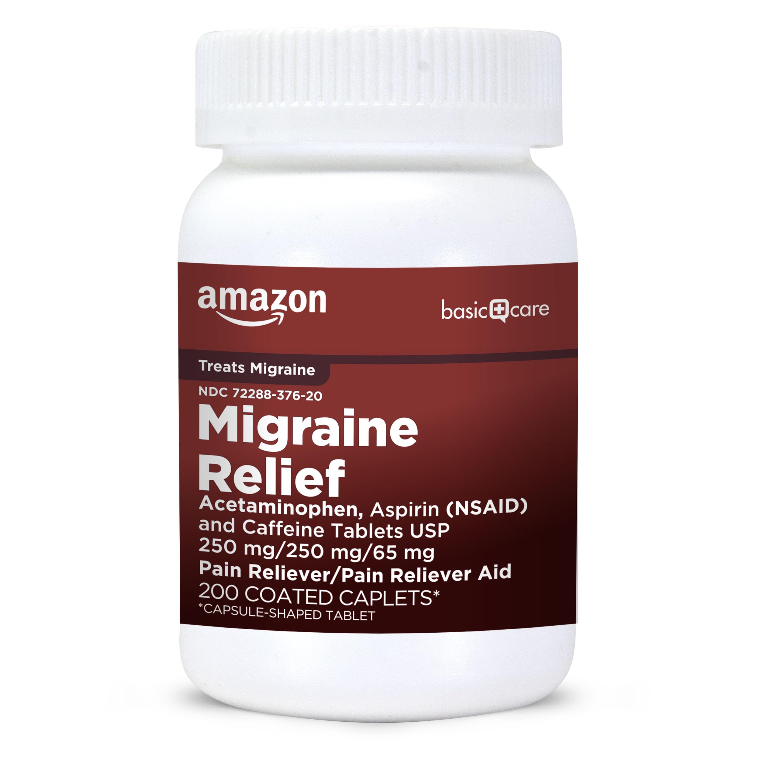 Amazon Basic Care Migraine Relief Acetaminophen, Aspirin (NSAID) and Caffeine Tablets, Pain Reliever/Pain Reliever Aid, 200 Count Amazon Basic CareAu supplements
