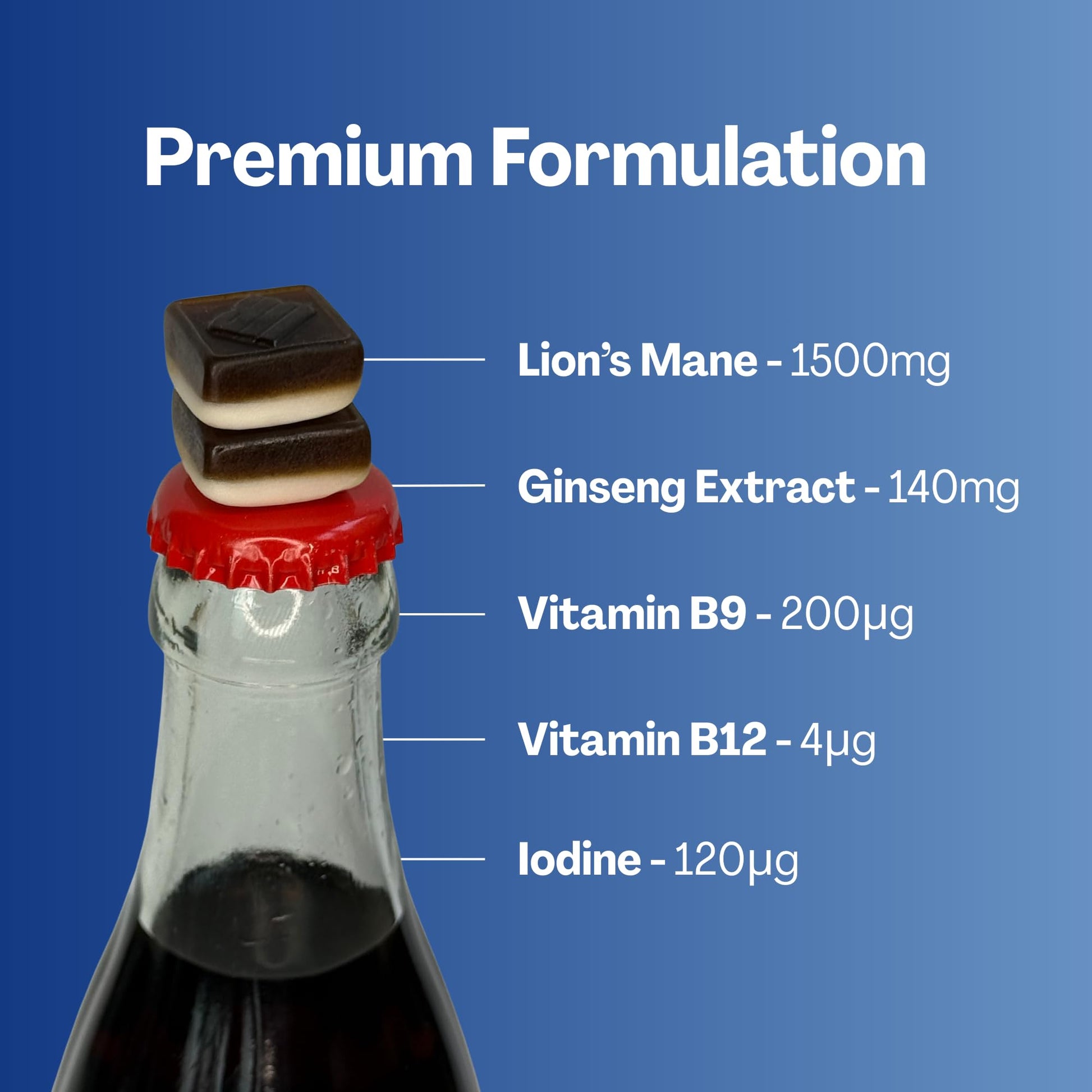 URVI 1500mg Lion's Mane Gummies with Ginseng, Folate 5-MTHF, B12 & Iodine – Focus Nootropic Brain Supplement Boosts Memory, Focus & Energy – Sugar-Free – Cola Flavor – 60 Count URVIAu supplements