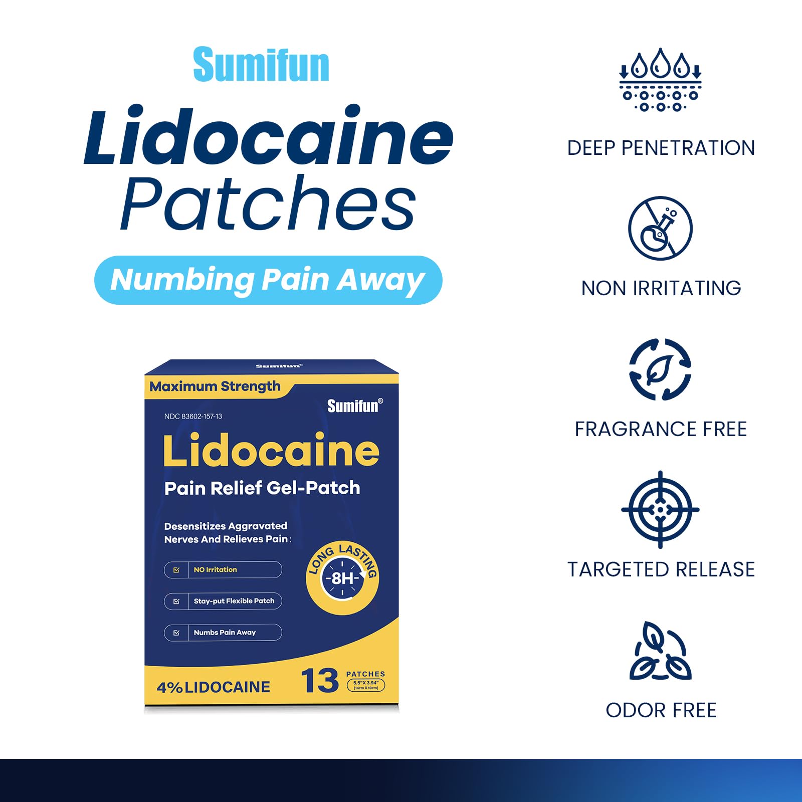 Sumifun 4% Lidocaine Patches Maximum Strength - 13 Count Pain Relieving Gel Patch for Muscle Soreness, Back Ache, Knee, Neck & Joint Pains - Topical Analgesic (Large, Count, 13) SumifunAu supplements