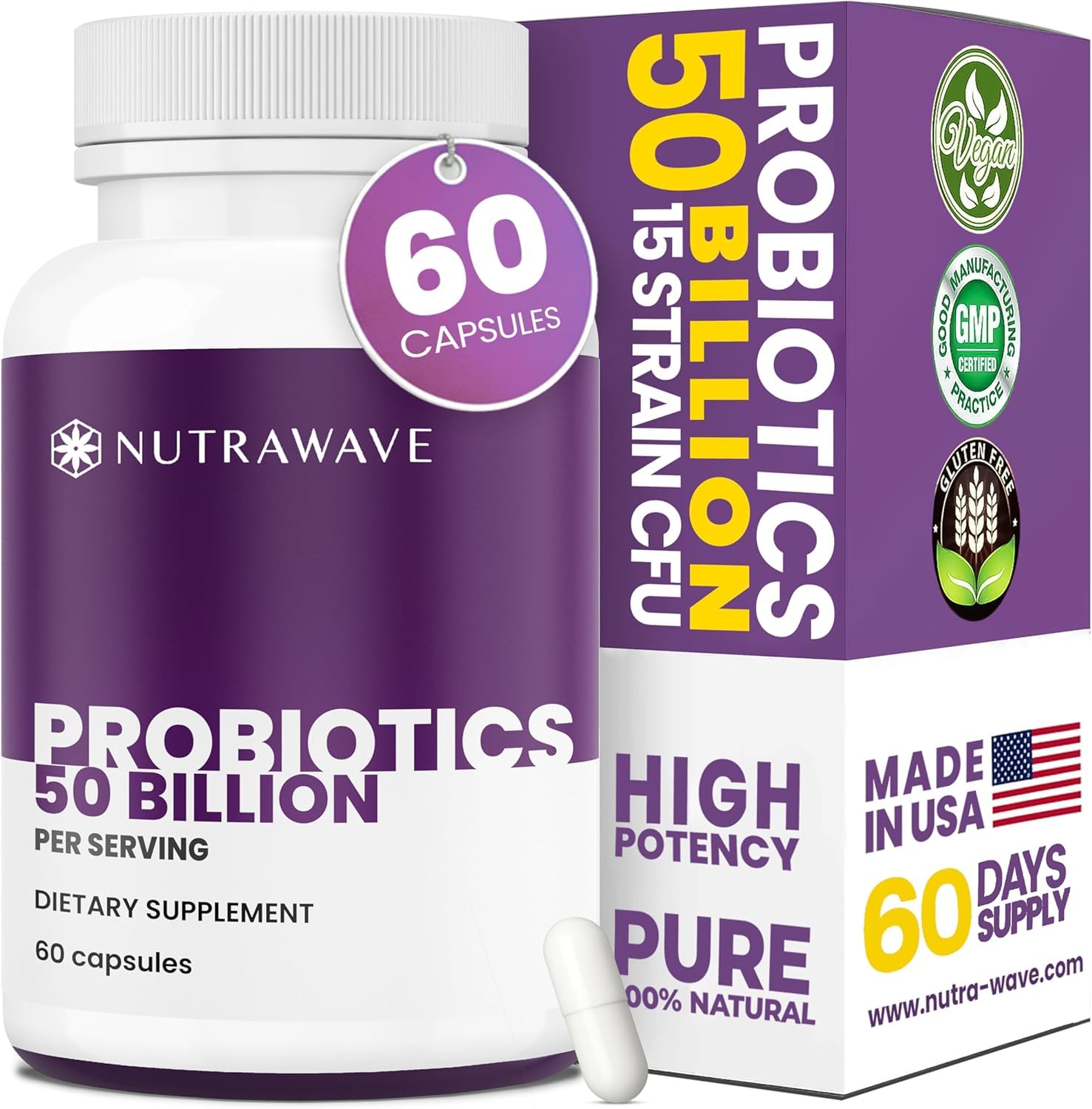 Nutrawave 50 Billion Probiotics for Women & Men, 15 Strains Active Culture. Relieves Bloating & Constipation, Improved Digestion & Gut Health Supplement, Vegan. 60 Powerful Small Capsules. Nutra WaveAu supplements