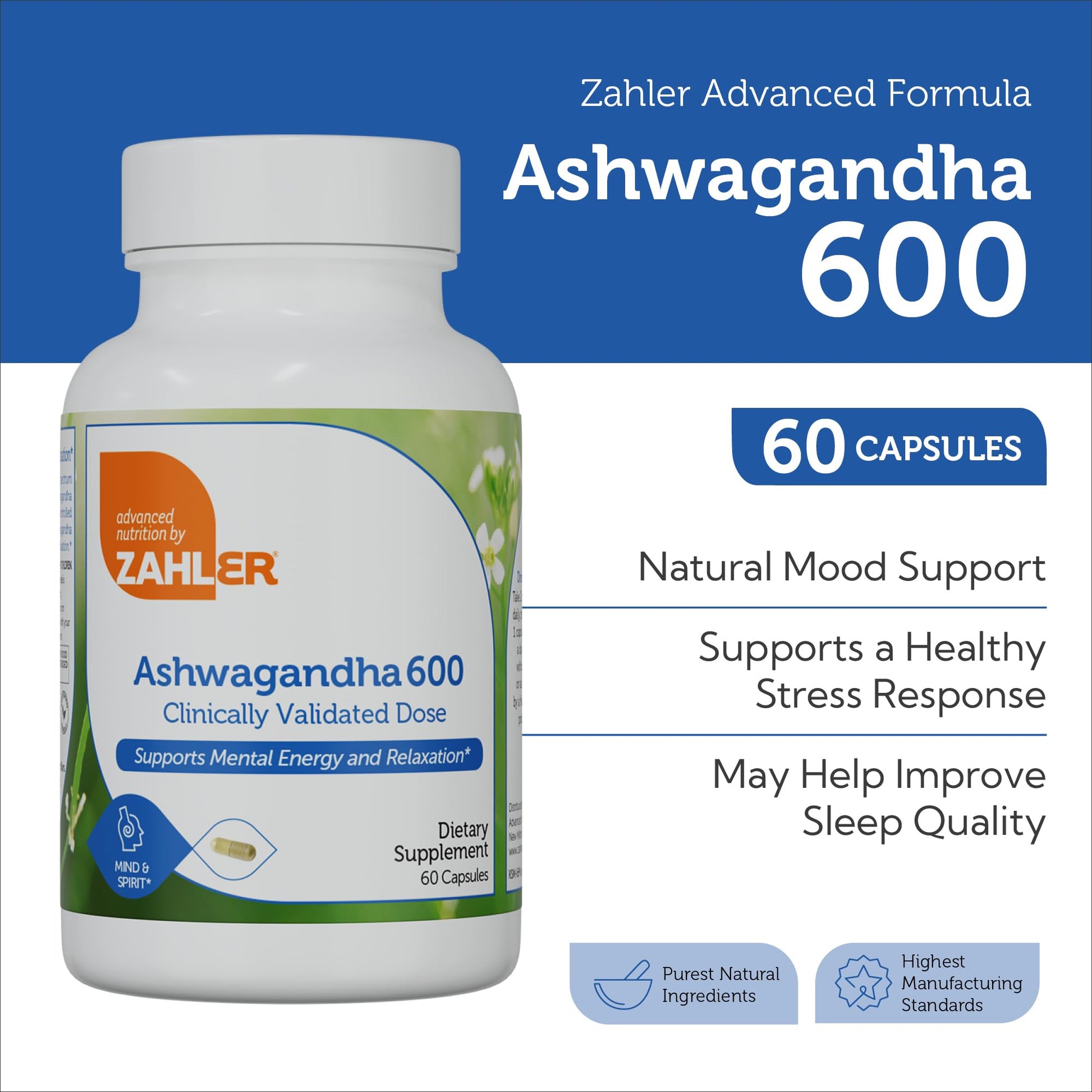 Zahler Ashwagandha Capsules, KSM-66 Aswhagandha 600mg Supplement, Relaxation and Stress Support, Kosher, 60 Capsules ZahlerAu supplements