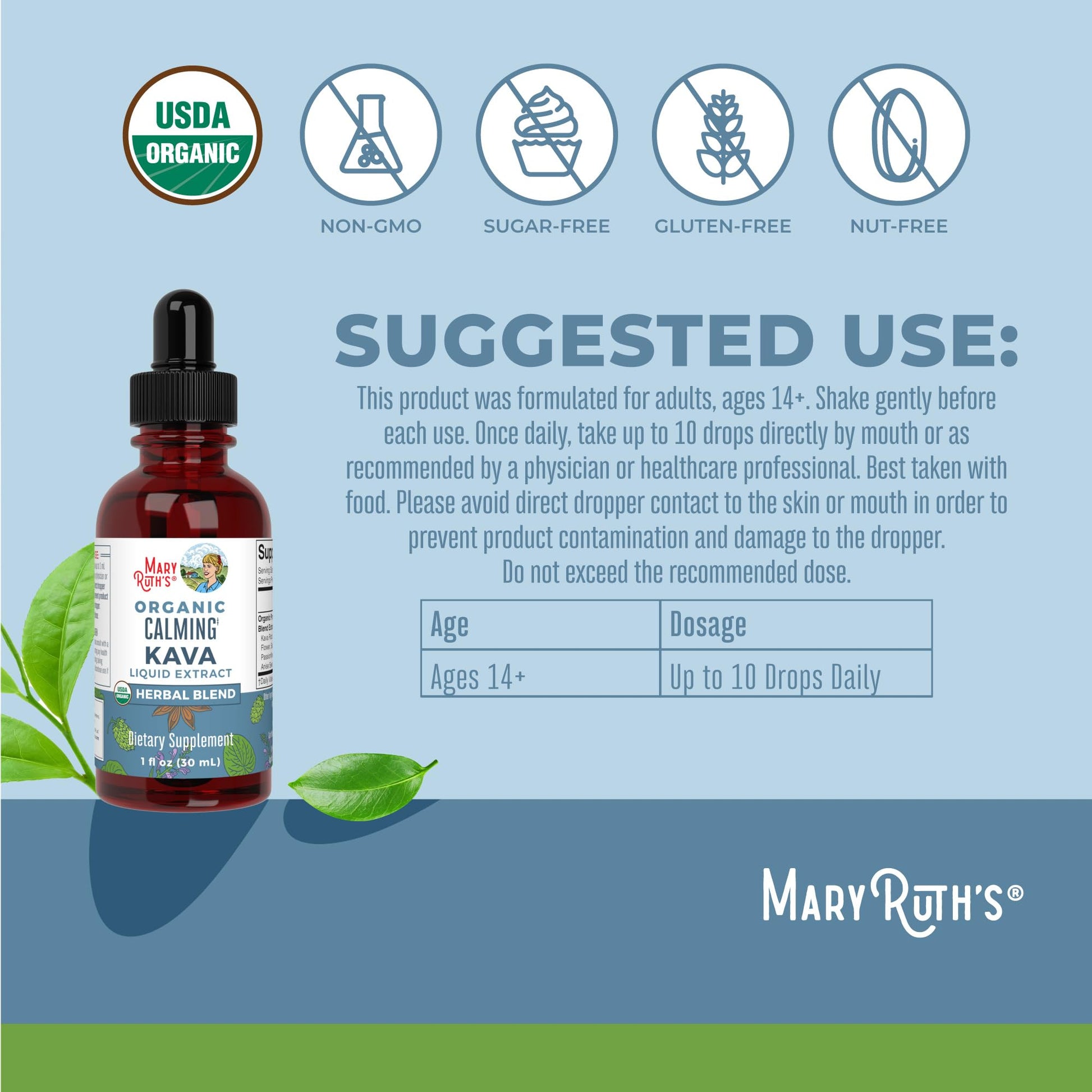 MaryRuth Organics, Herbal Supplement Drop, Calmness & Relaxation, Pack of 1, USDA Kava Root, Sugar/Gluten Free, Support Sleep, Calm & Stress Relief, Vegan, Non-GMO, 30 Servings MARYRUTH'SUS supplements