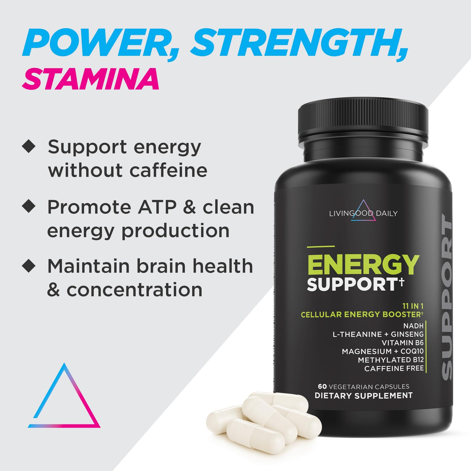 Livingood Daily Energy Support, 11-in-1 Supplement with Magnesium, Vitamin B6, B12, Amino Acids, L Carnitine, CoQ10, Ginseng & L Theanine, Supports Natural Energy for Men & Women, Vegan, 60 Capsules Livingood DailyAu supplements