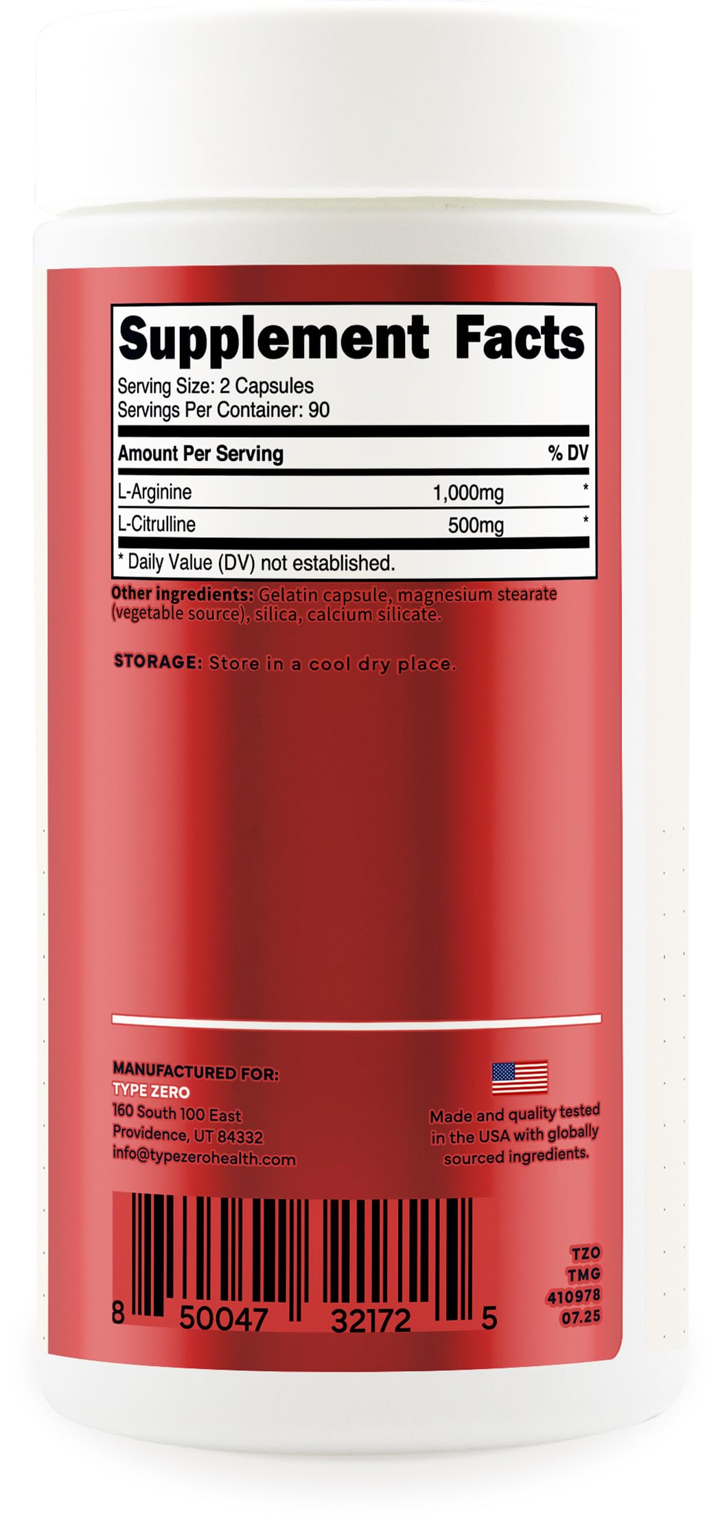 Type Zero L-Arginine + L-Citrulline Supplement (1500mg) - Nitric Oxide Booster - Clean, Keto-Friendly, GMO-Free, 180 Capsules, 90 Servings Type ZeroUS supplements