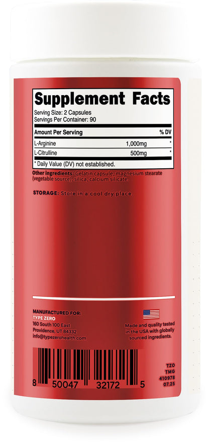 Type Zero L-Arginine + L-Citrulline Supplement (1500mg) - Nitric Oxide Booster - Clean, Keto-Friendly, GMO-Free, 180 Capsules, 90 Servings Type ZeroUS supplements