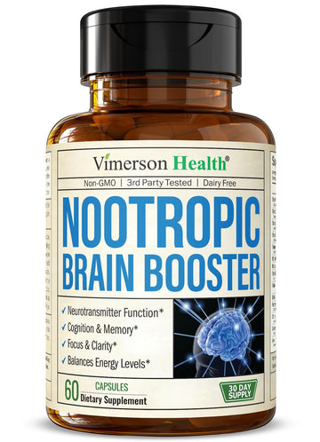Nootropics Brain Support Supplement - Nootropic Brain Booster for Improved Focus, Concentration & Memory. Brain Nootropic for Brain Health, Mood & Energy Support. Non-GMO. Made in the USA. 60 Capsules Vimerson HealthAu supplements