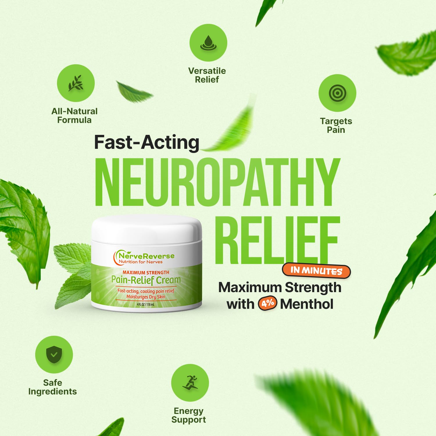 NerveReverse - Neuropathy Pain Relief Cream for feet, Hands, Legs Toes. Large 4 OZ. JAR. Fast-Acting, Maximum Strength Cream with 4% Menthol, MSM, L-Carnitine, L-Arginine, Vitamin E, Vitamin B6 NERVEREVERSE NUTRITION FOR NERVESAu supplements